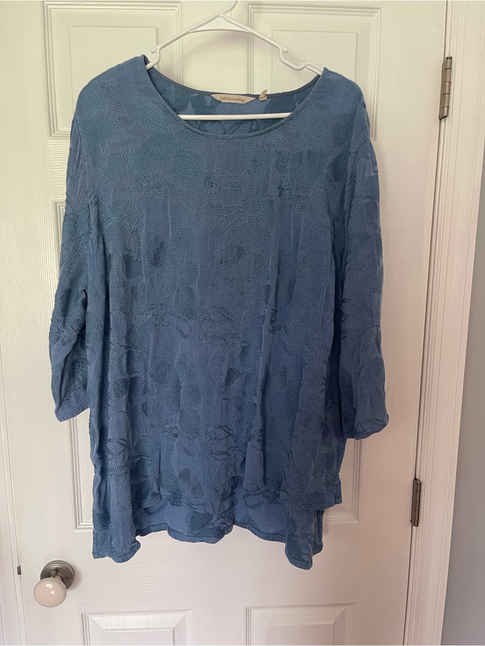 Soft Surroundings Dusty Blue Textured Scoop Neck Tunic embroidered floral